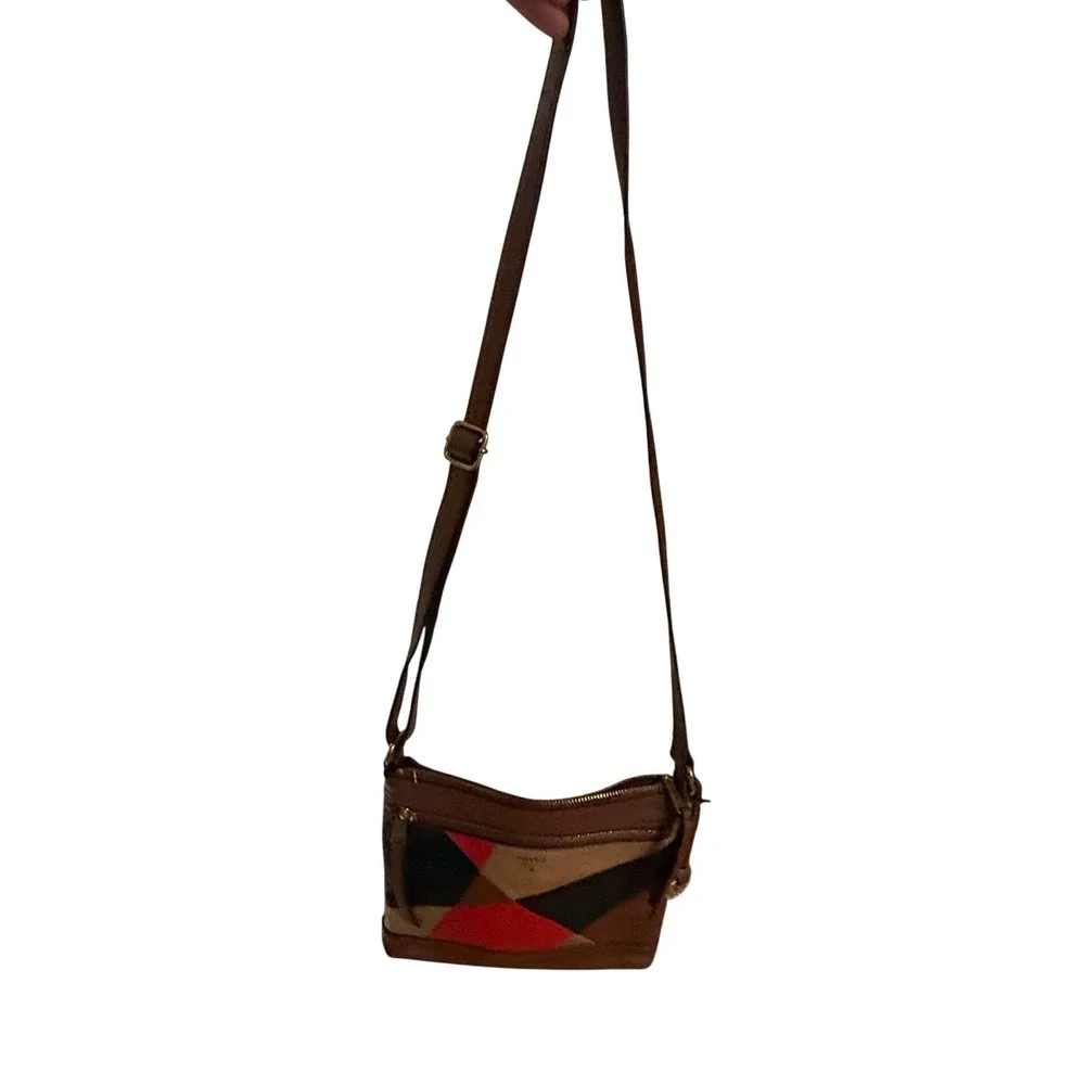 Fossil Crossbody Bag Patchwork Geometric Small Brown Excellent Leather Purse